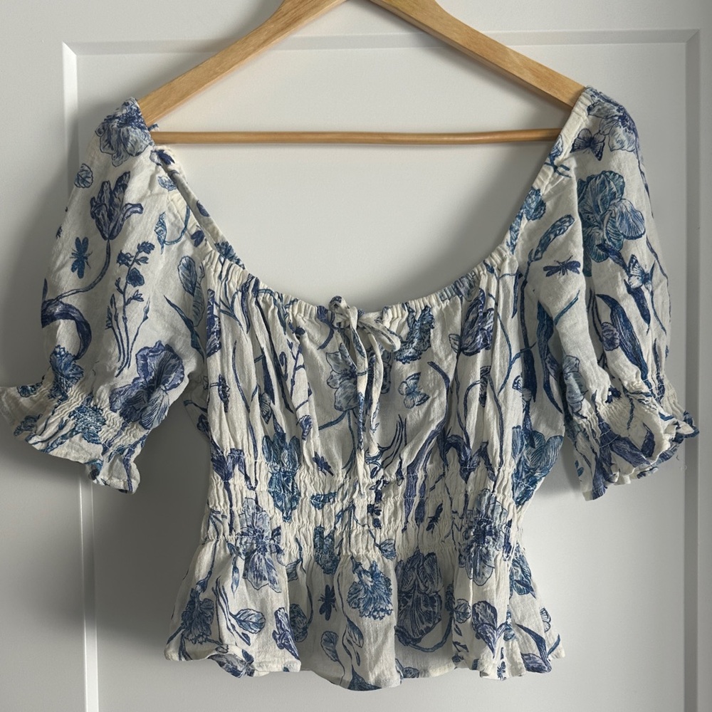 H&M Puff Sleeve Peplum Blouse 100% Cotton Size Medium